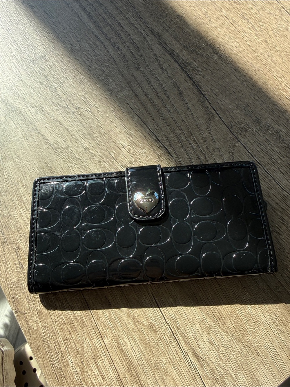 Coach Black Patent Continental Wallet with Heart Snap